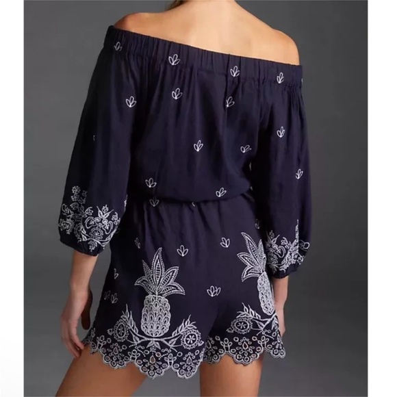 Farm Rio Jackie Tropical Pineapple Embroidered Off Shoulder Romper Linen Blend - Picture 2 of 9